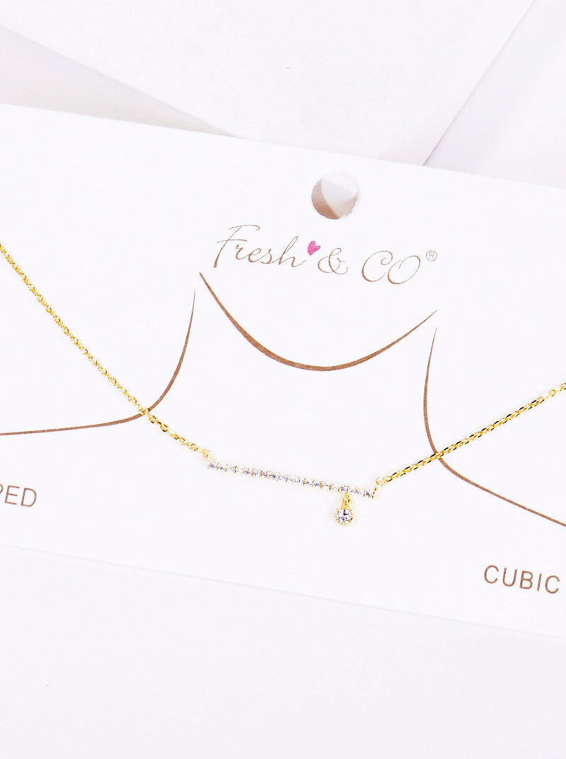 18K Gold Dipped CZ Pave Horizontal Bar Pendant Delicate Necklace