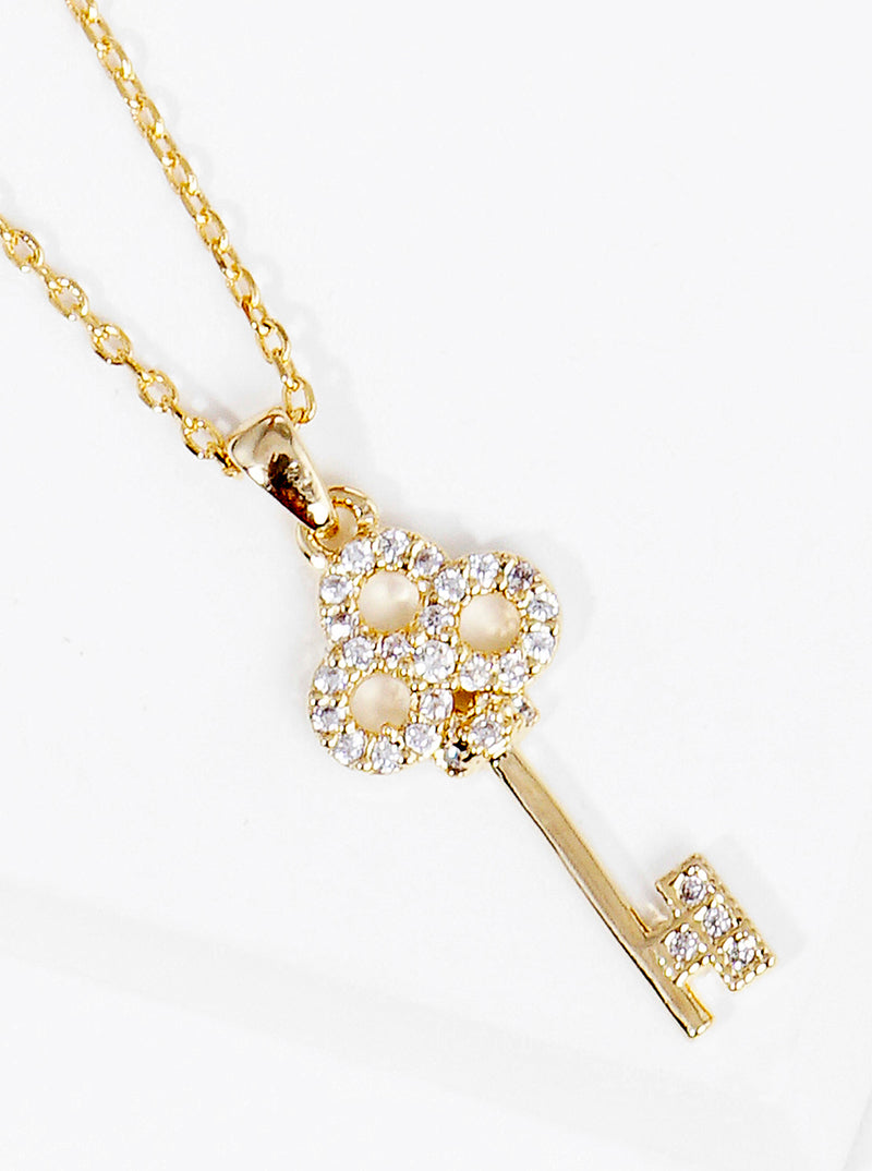 18K Gold Dipped CZ Pave Key Pendant Delicate Necklace