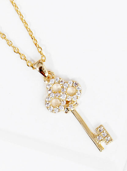 18K Gold Dipped CZ Pave Key Pendant Delicate Necklace