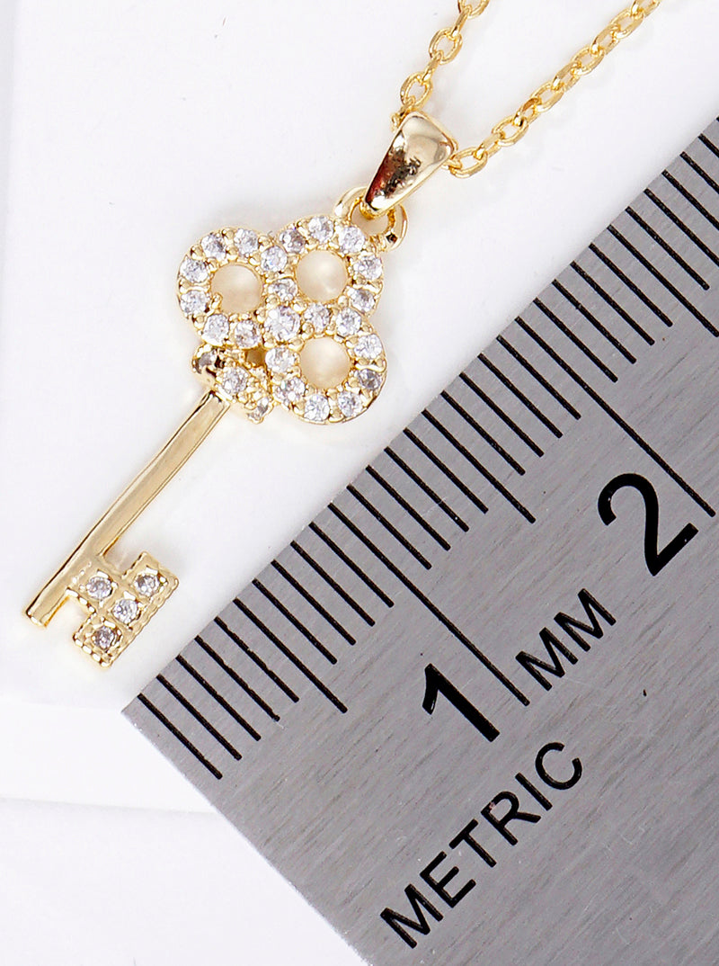 18K Gold Dipped CZ Pave Key Pendant Delicate Necklace