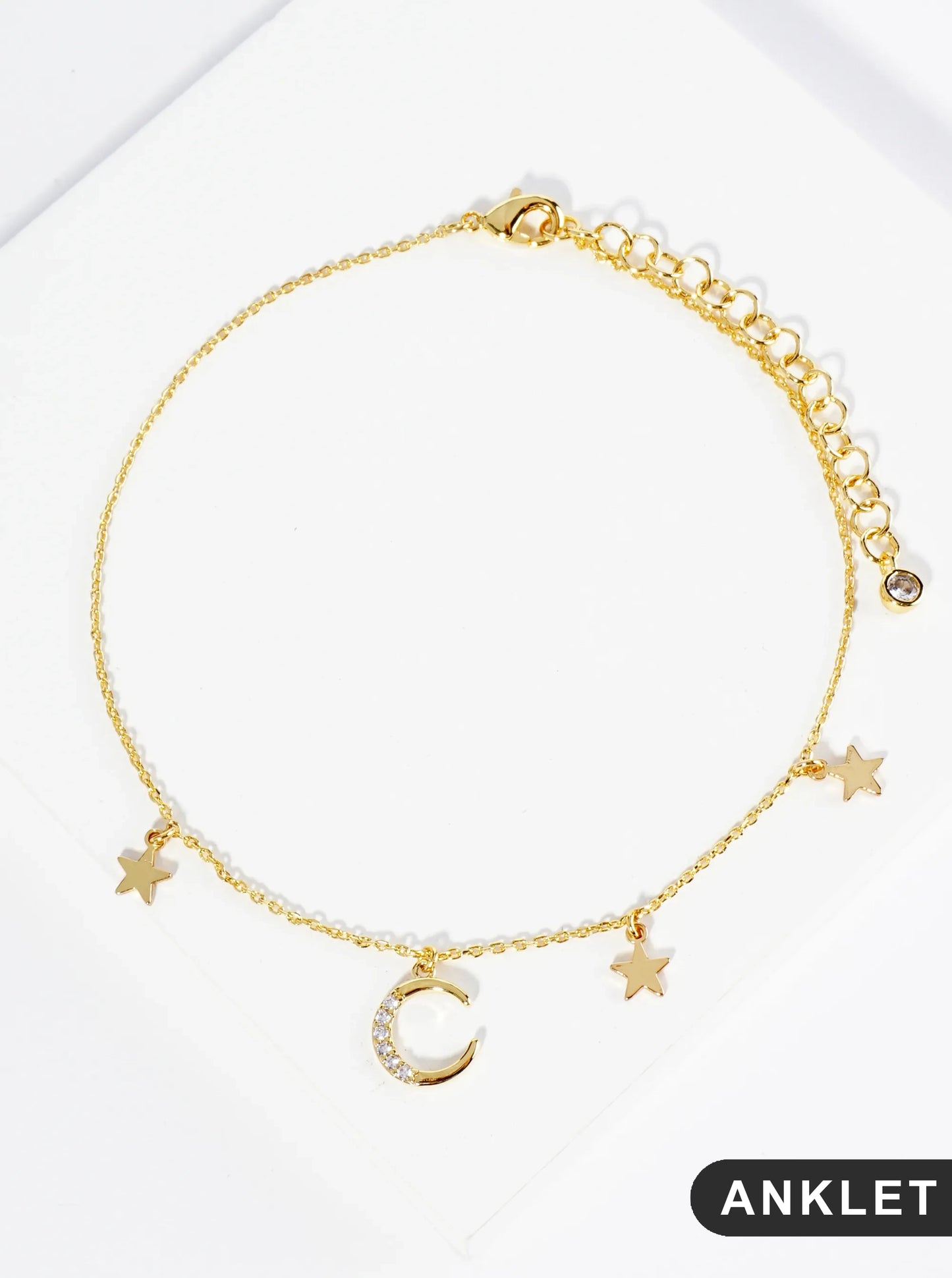 18K Gold Dipped CZ Pave Moon And Star Charm Brass Chain Anklet