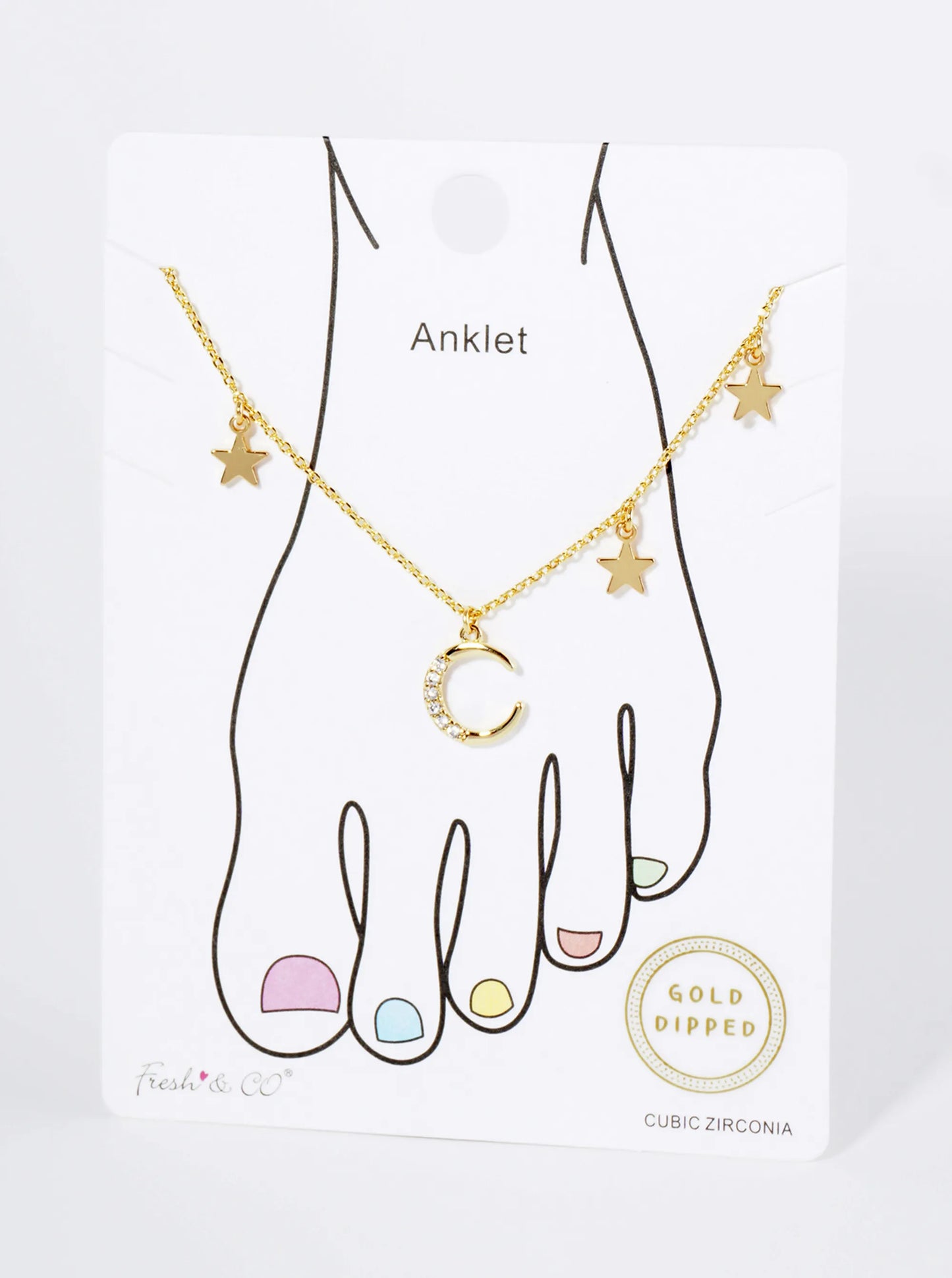 18K Gold Dipped CZ Pave Moon And Star Charm Brass Chain Anklet