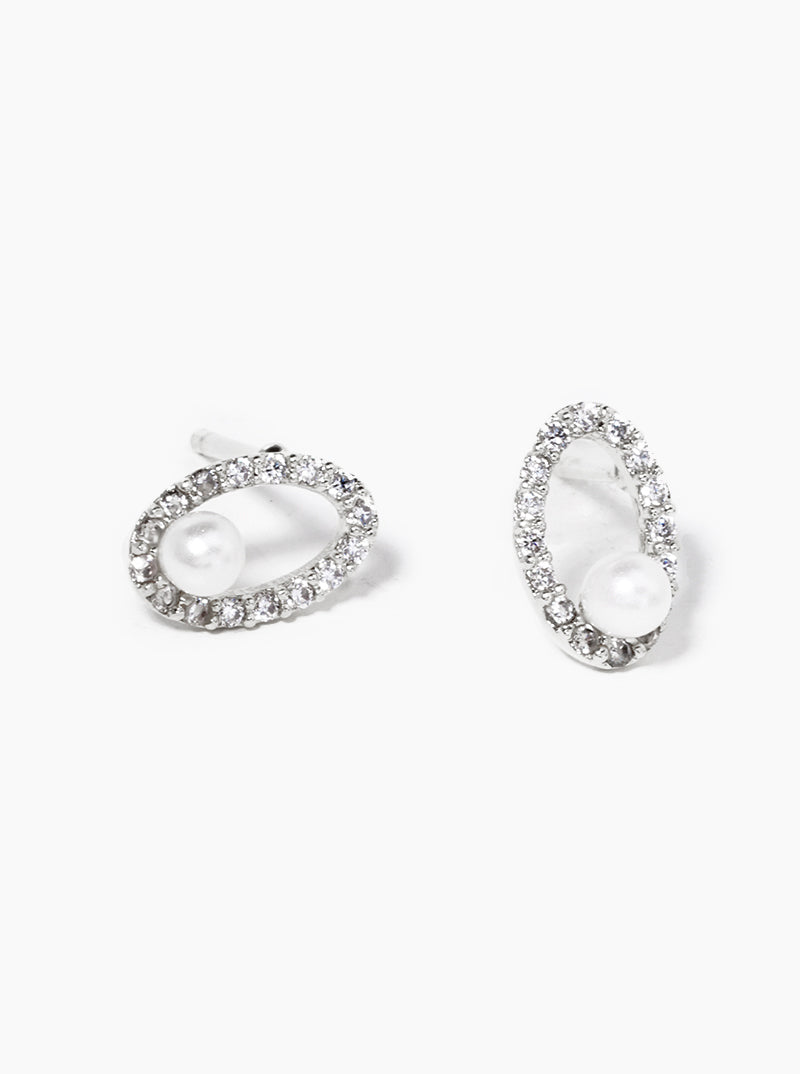 18K Gold Dipped CZ Pave Oval Pearl Post Stud Earrings