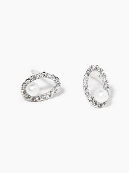 18K Gold Dipped CZ Pave Oval Pearl Post Stud Earrings
