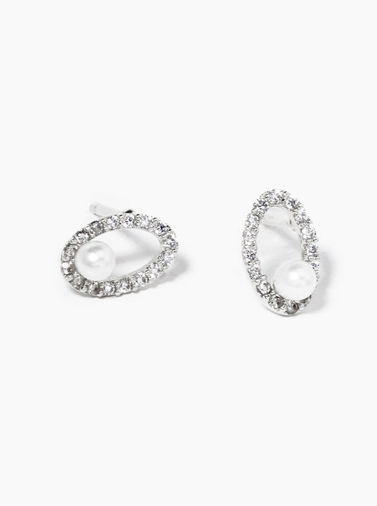 18K Gold Dipped CZ Pave Oval Pearl Post Stud Earrings