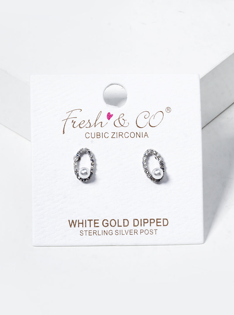 18K Gold Dipped CZ Pave Oval Pearl Post Stud Earrings