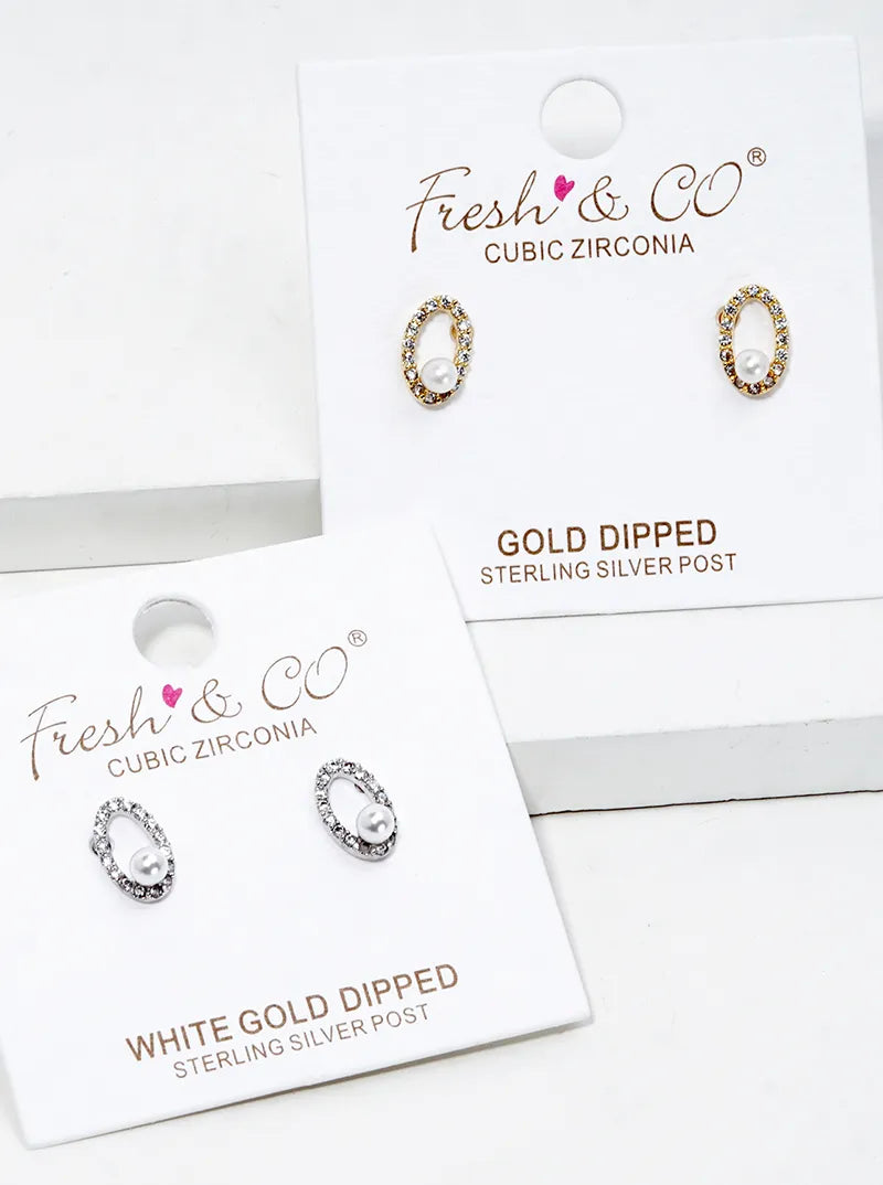 18K Gold Dipped CZ Pave Oval Pearl Post Stud Earrings