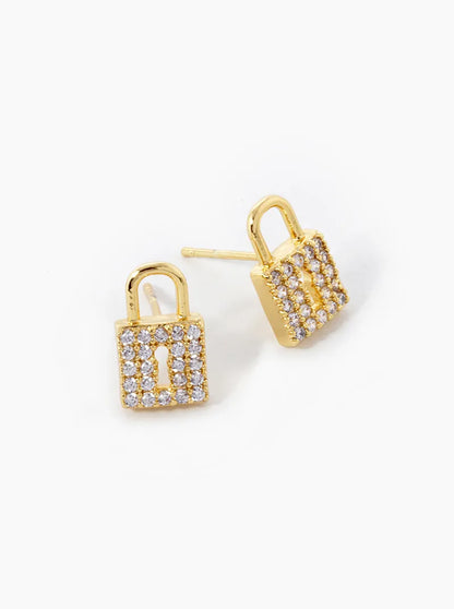18K Gold Dipped CZ Pave Padlock Stud Earrings