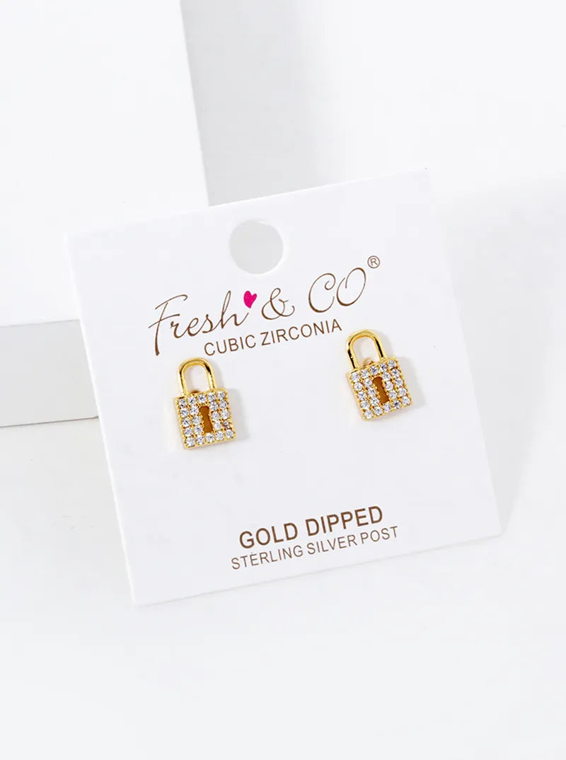 18K Gold Dipped CZ Pave Padlock Stud Earrings