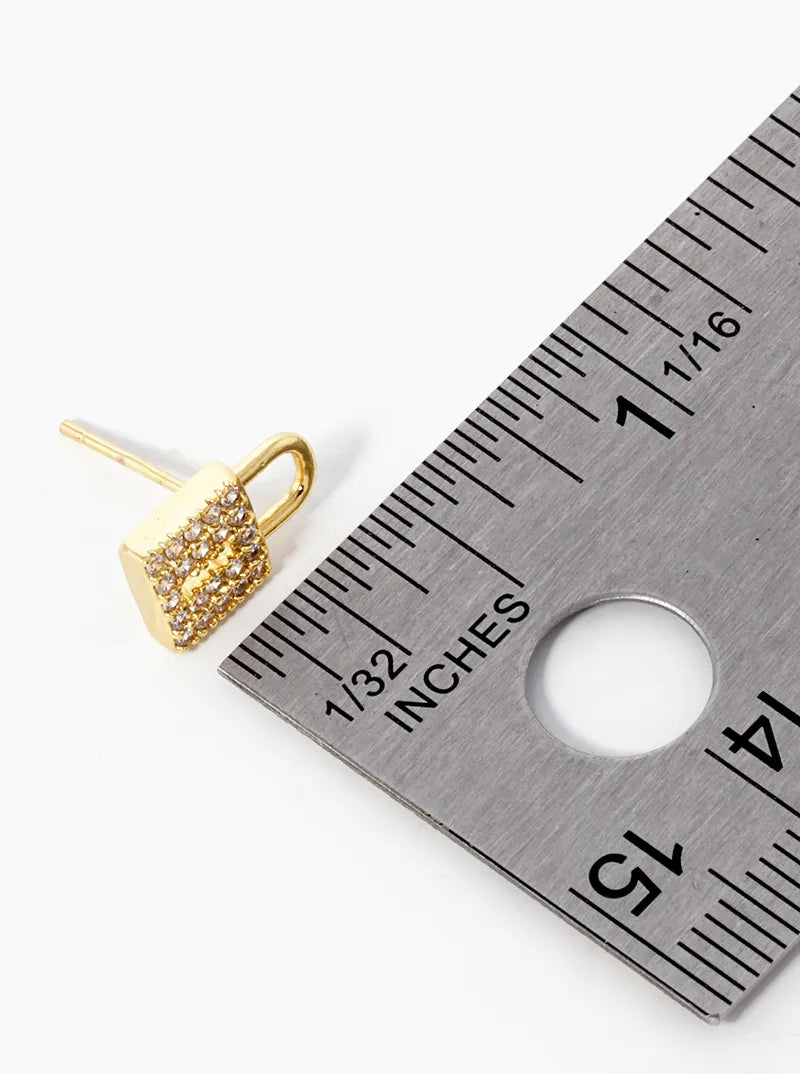 18K Gold Dipped CZ Pave Padlock Stud Earrings
