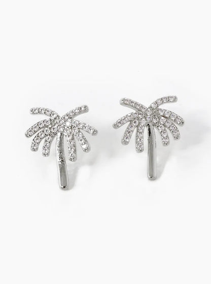 18K Gold Dipped CZ Pave Palm Tree Stud Earrings