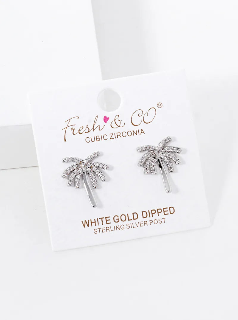 18K Gold Dipped CZ Pave Palm Tree Stud Earrings