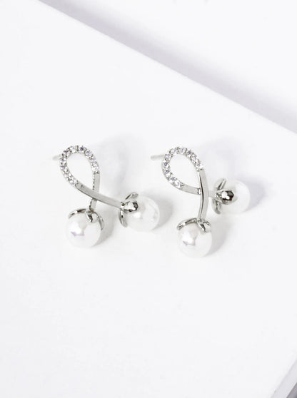 18K Gold Dipped CZ Pave Pearl Drop Cherry Shape Stud Earrings