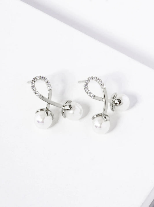 18K Gold Dipped CZ Pave Pearl Drop Cherry Shape Stud Earrings