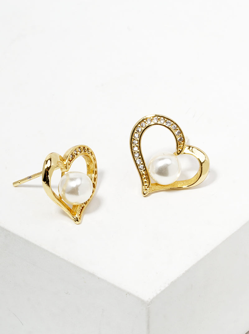 18K Gold Dipped CZ Pave Pearl Heart Post Stud Earrings