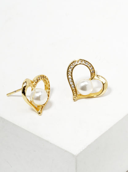 18K Gold Dipped CZ Pave Pearl Heart Post Stud Earrings