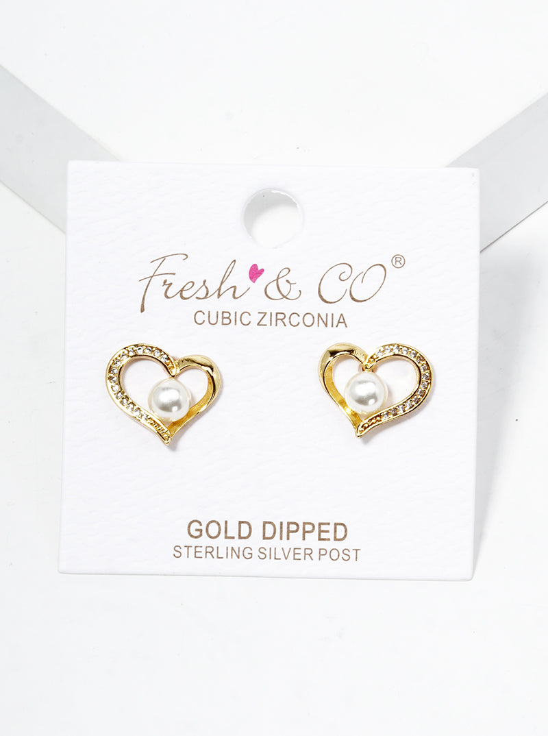 18K Gold Dipped CZ Pave Pearl Heart Post Stud Earrings