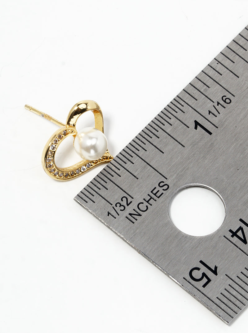 18K Gold Dipped CZ Pave Pearl Heart Post Stud Earrings