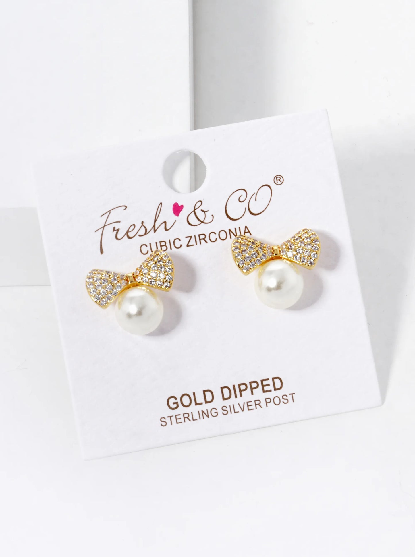 18K Gold Dipped CZ Pave Pearl Ribbon Bow Stud Earrings