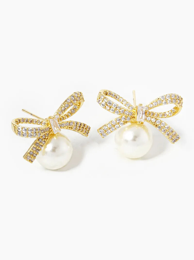 18K Gold Dipped CZ Pave Pearl Ribbon Bow Stud Earrings