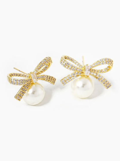 18K Gold Dipped CZ Pave Pearl Ribbon Bow Stud Earrings