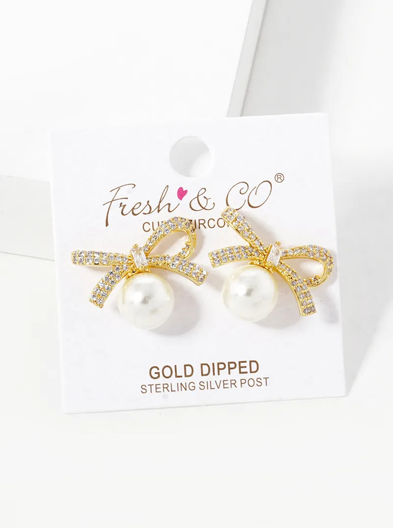 18K Gold Dipped CZ Pave Pearl Ribbon Bow Stud Earrings