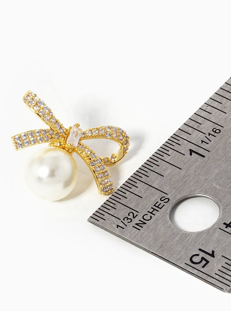 18K Gold Dipped CZ Pave Pearl Ribbon Bow Stud Earrings
