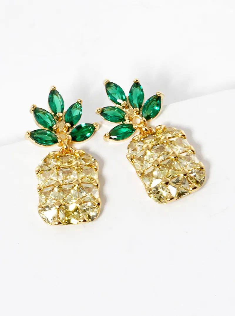 18K Gold Dipped CZ Pave Pineapple Dangle Drop Earrings