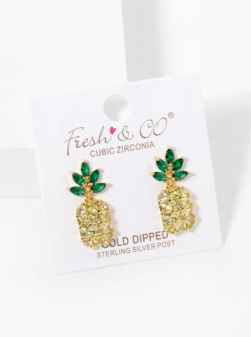 18K Gold Dipped CZ Pave Pineapple Dangle Drop Earrings