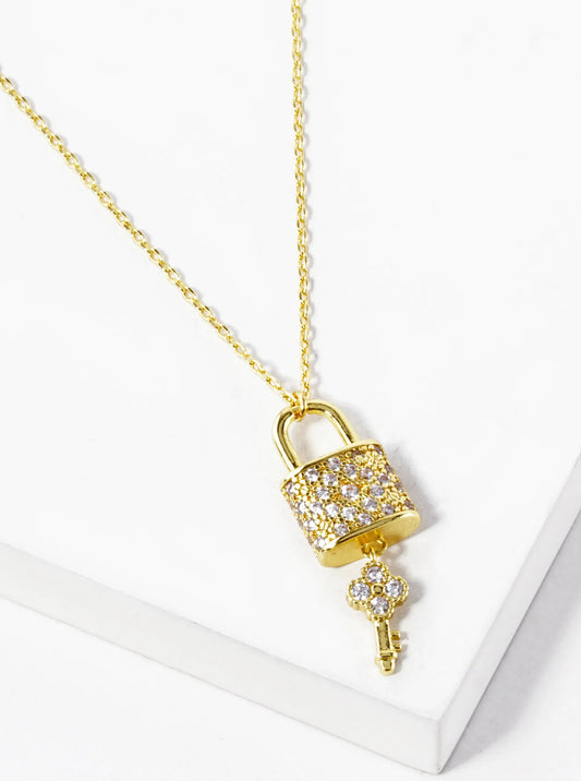 18K Gold Dipped CZ Pave Quatrefoil Key And Lock Pendant Necklace