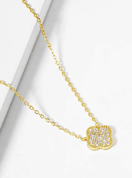 18K Gold Dipped CZ Pave Quatrefoil Pendant Necklace
