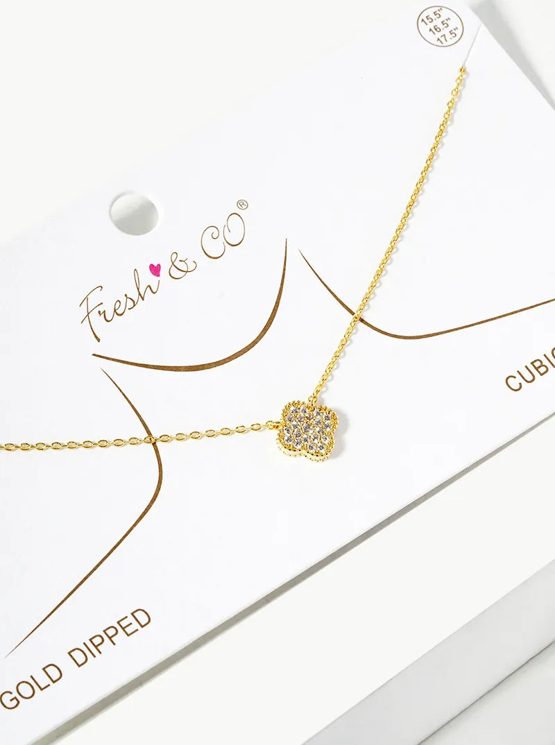 18K Gold Dipped CZ Pave Quatrefoil Pendant Necklace