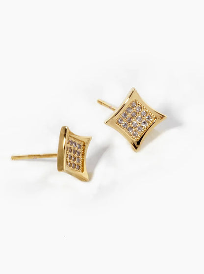 18K Gold Dipped CZ Pave Rhombus Shape Stud Earrings