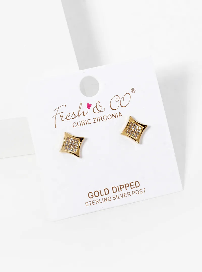 18K Gold Dipped CZ Pave Rhombus Shape Stud Earrings