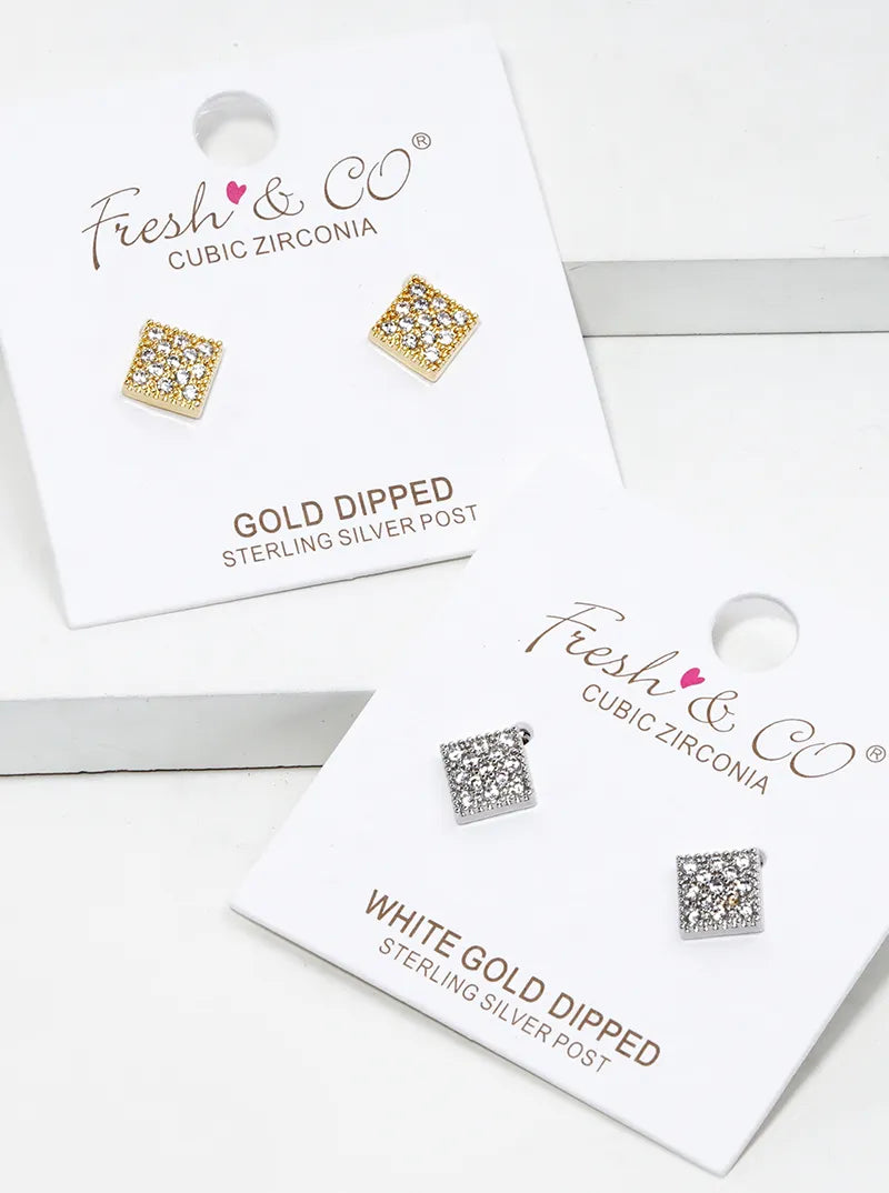 18K Gold Dipped CZ Pave Rhombus Stud Earrings