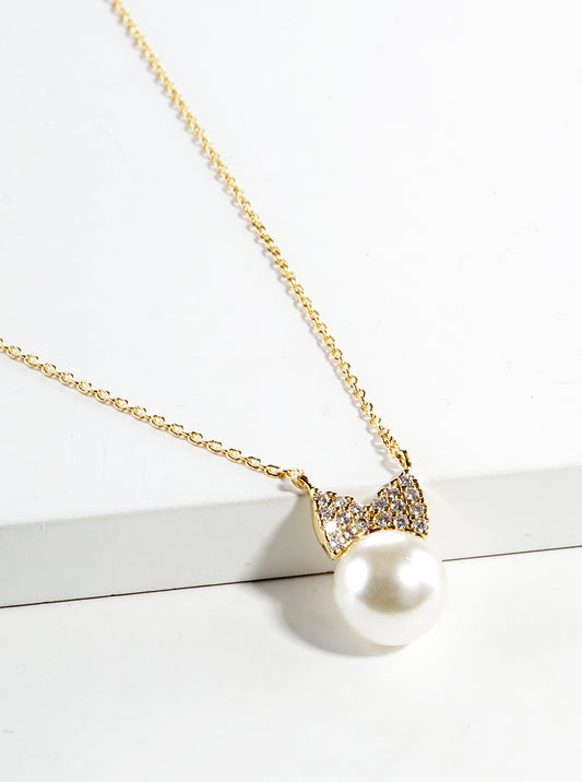 18K Gold Dipped CZ Pave Ribbon Bow Pearl Pendant Necklace