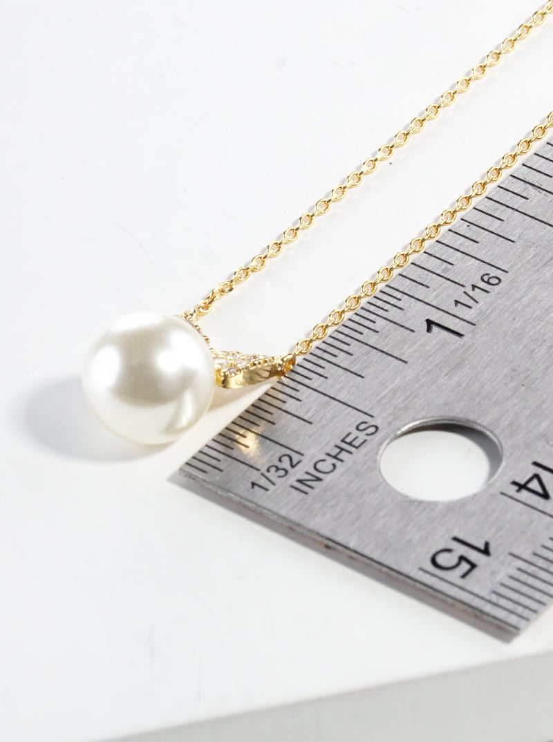 18K Gold Dipped CZ Pave Ribbon Bow Pearl Pendant Necklace