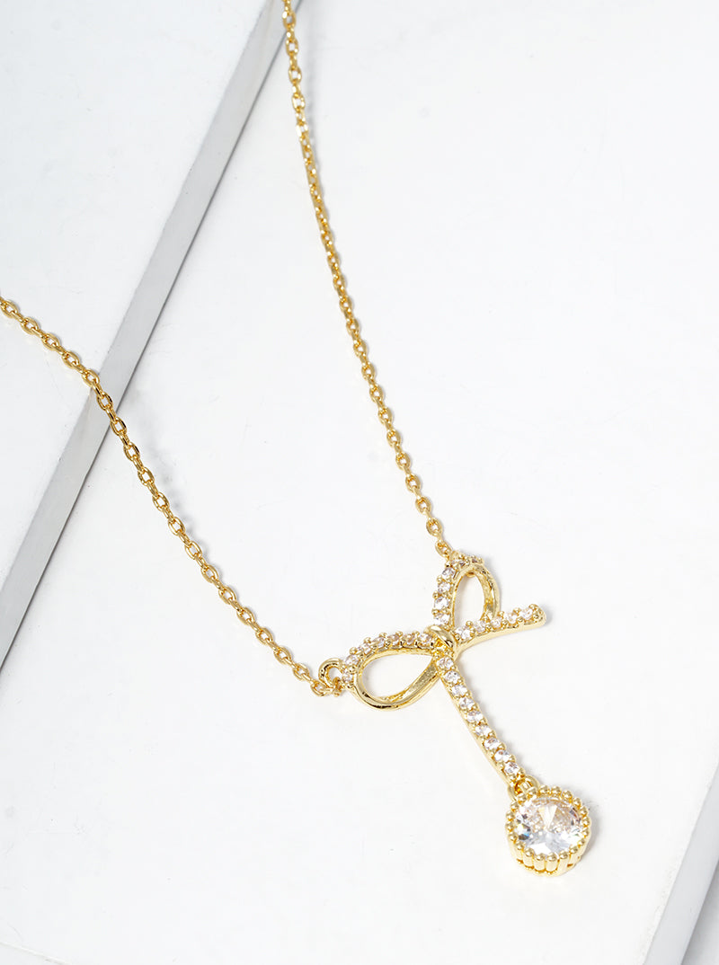 White Gold Dipped CZ Pave Ribbon Bow Pendant Necklace