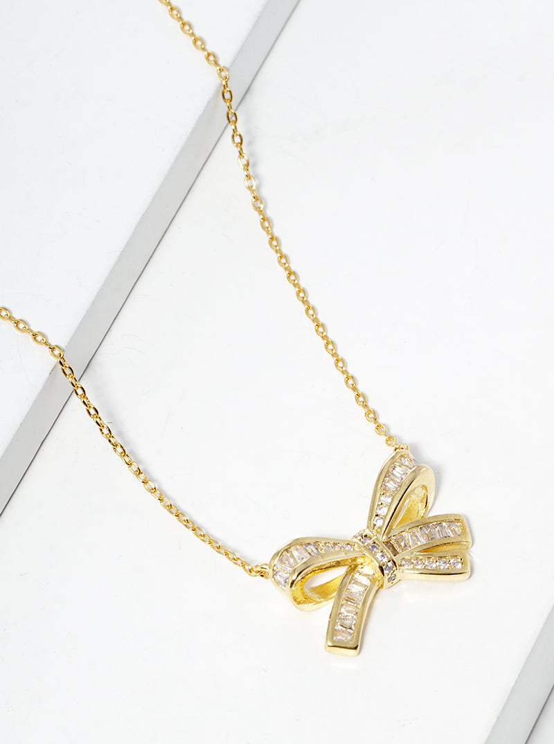 18K Gold Dipped CZ Pave Ribbon Bow Pendant Necklace