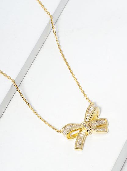 18K Gold Dipped CZ Pave Ribbon Bow Pendant Necklace