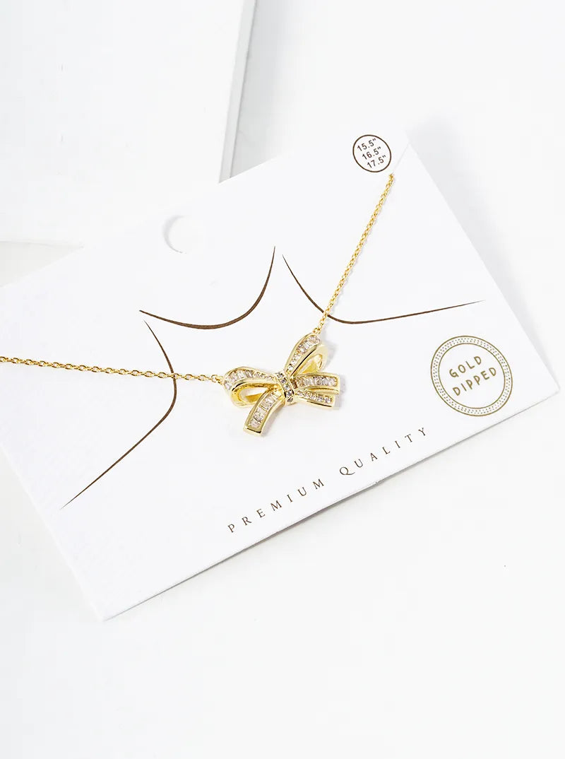 18K Gold Dipped CZ Pave Ribbon Bow Pendant Necklace