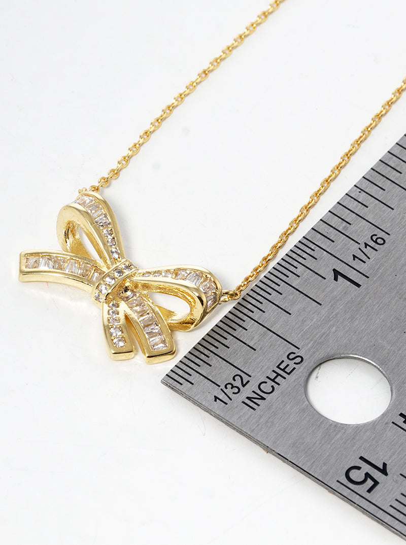 18K Gold Dipped CZ Pave Ribbon Bow Pendant Necklace