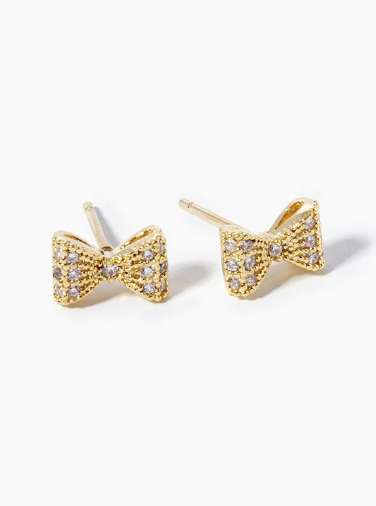 18K Gold Dipped CZ Pave Ribbon Bow Post Stud Earrings