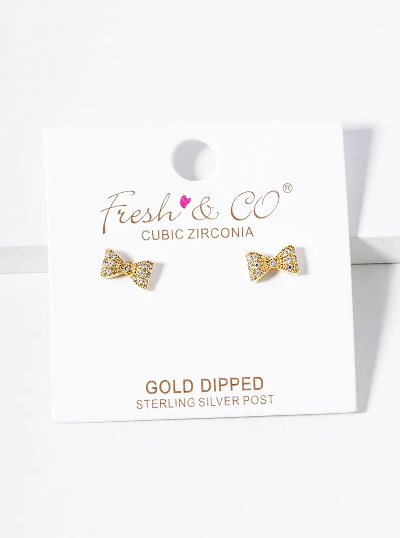 18K Gold Dipped CZ Pave Ribbon Bow Post Stud Earrings
