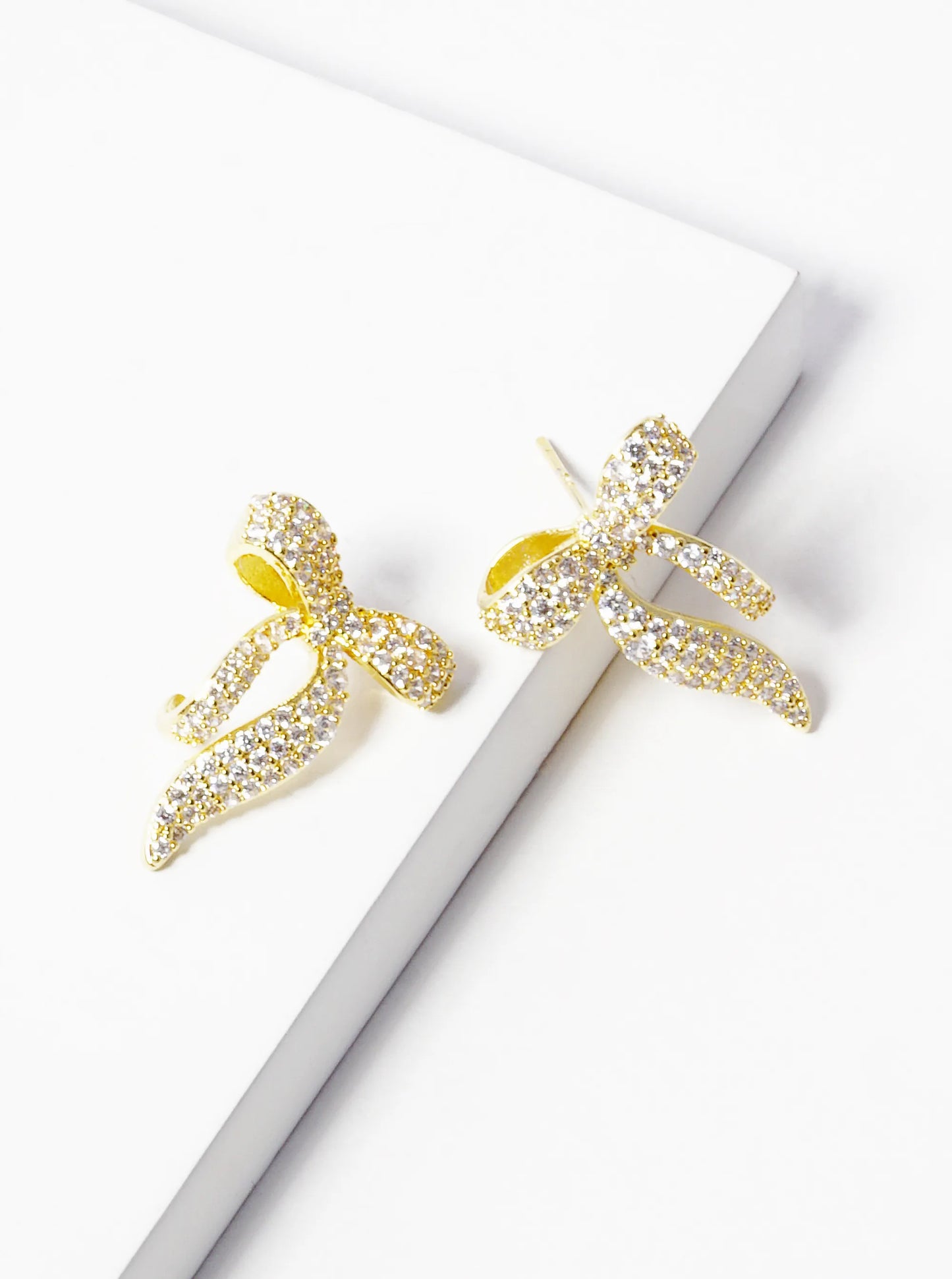 18K Gold Dipped CZ Pave Ribbon Bow Stud Earrings