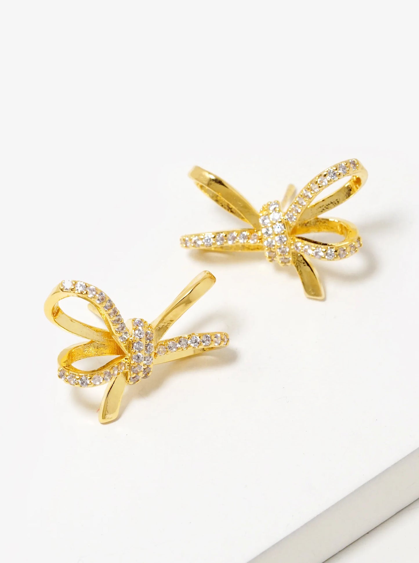 18K Gold Dipped CZ Pave Ribbon Bow Stud Earrings