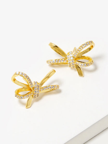 18K Gold Dipped CZ Pave Ribbon Bow Stud Earrings