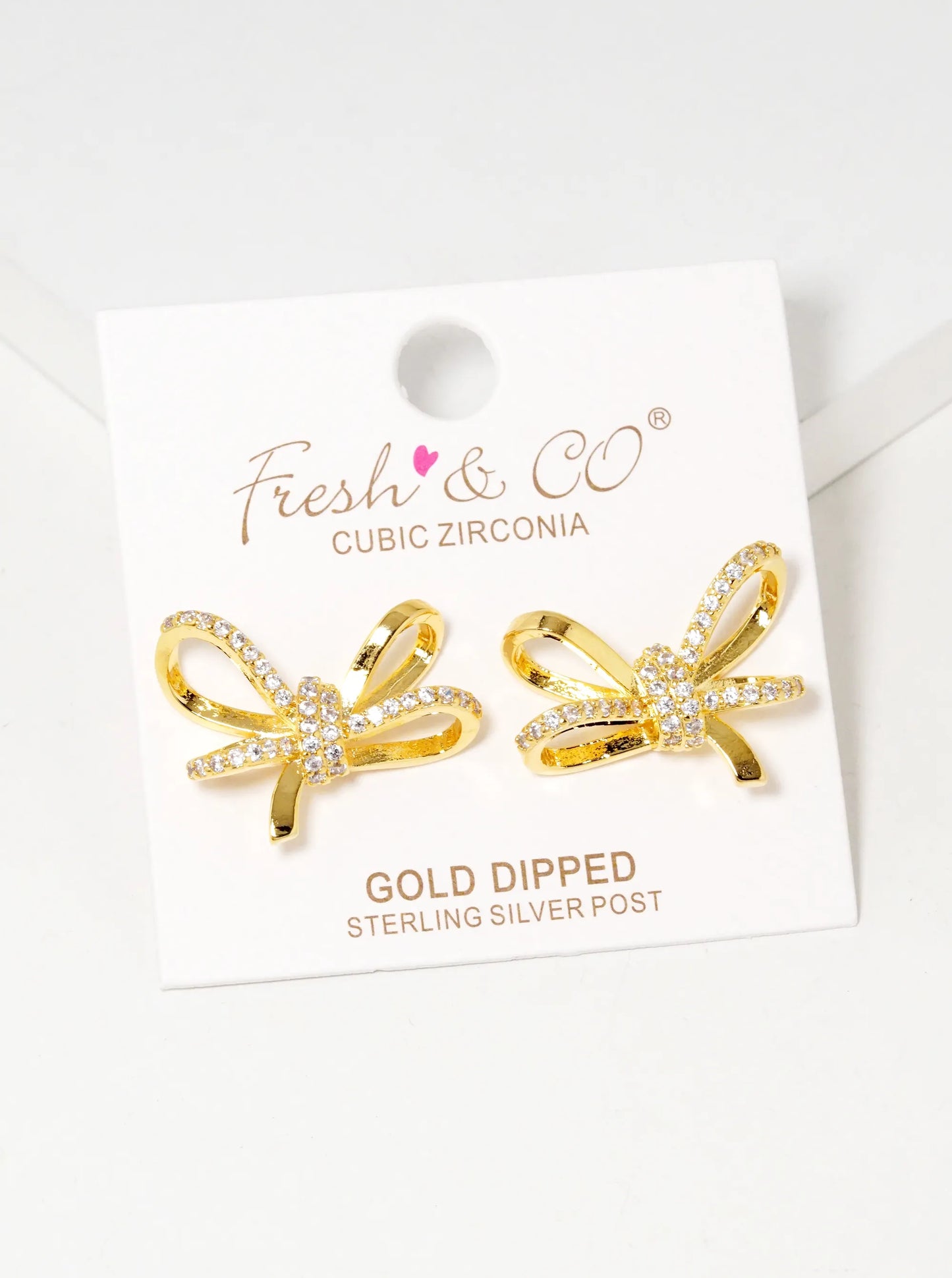 18K Gold Dipped CZ Pave Ribbon Bow Stud Earrings