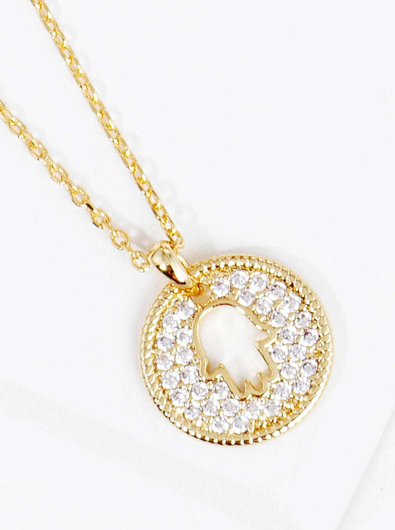 18K Gold Dipped CZ Pave Round Hamsa Pendant Necklace