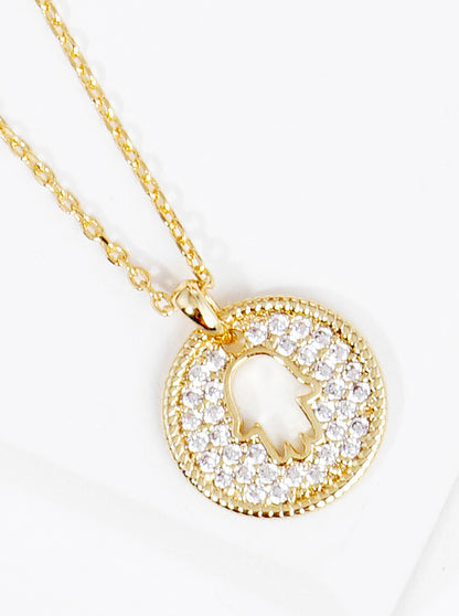 18K Gold Dipped CZ Pave Round Hamsa Pendant Necklace